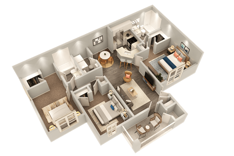 a 3d floor plan of a bedroom and living room